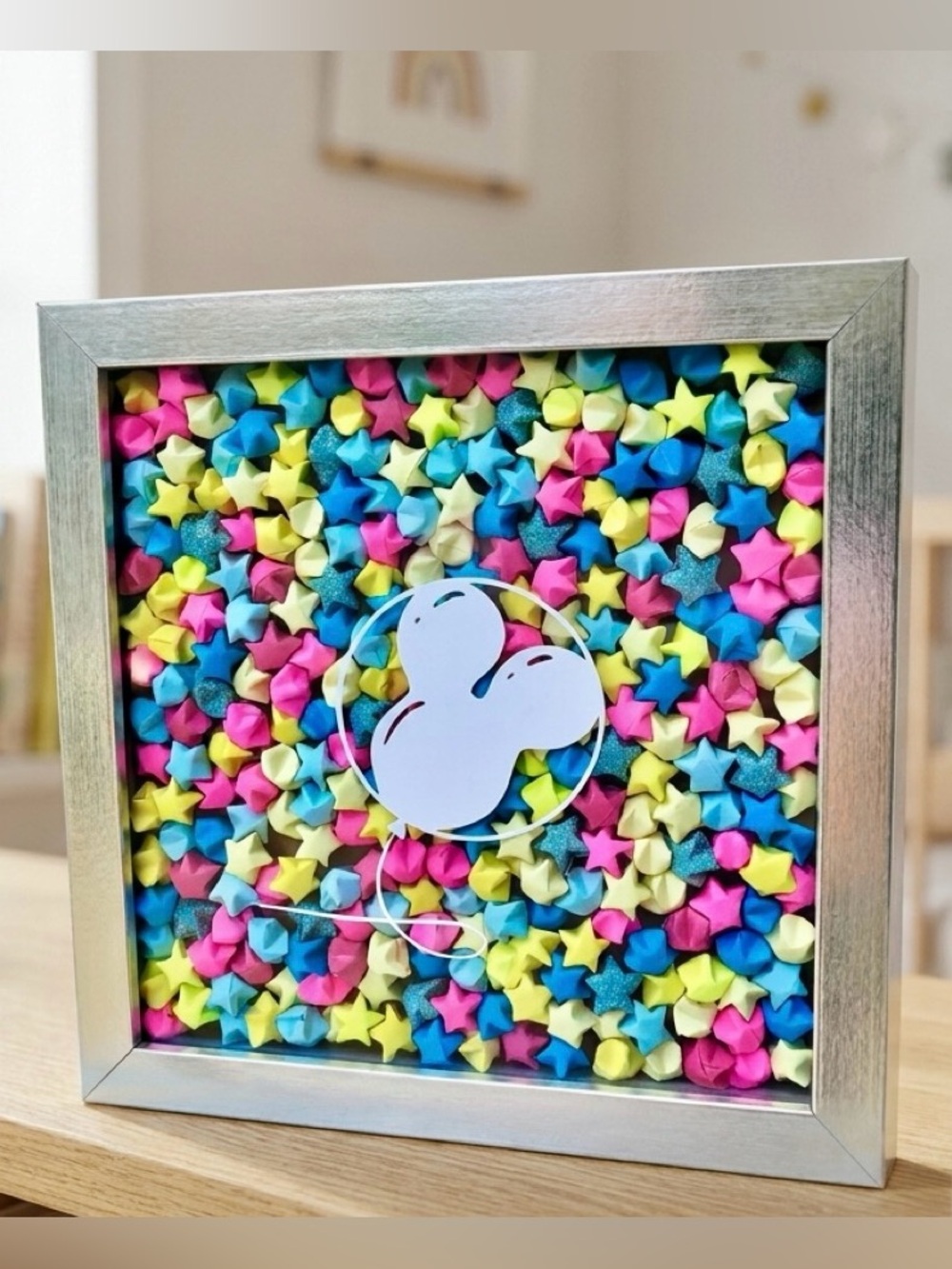 Origami Star Shadow Box with White Mickey Mouse Balloon Silver frame 8x8